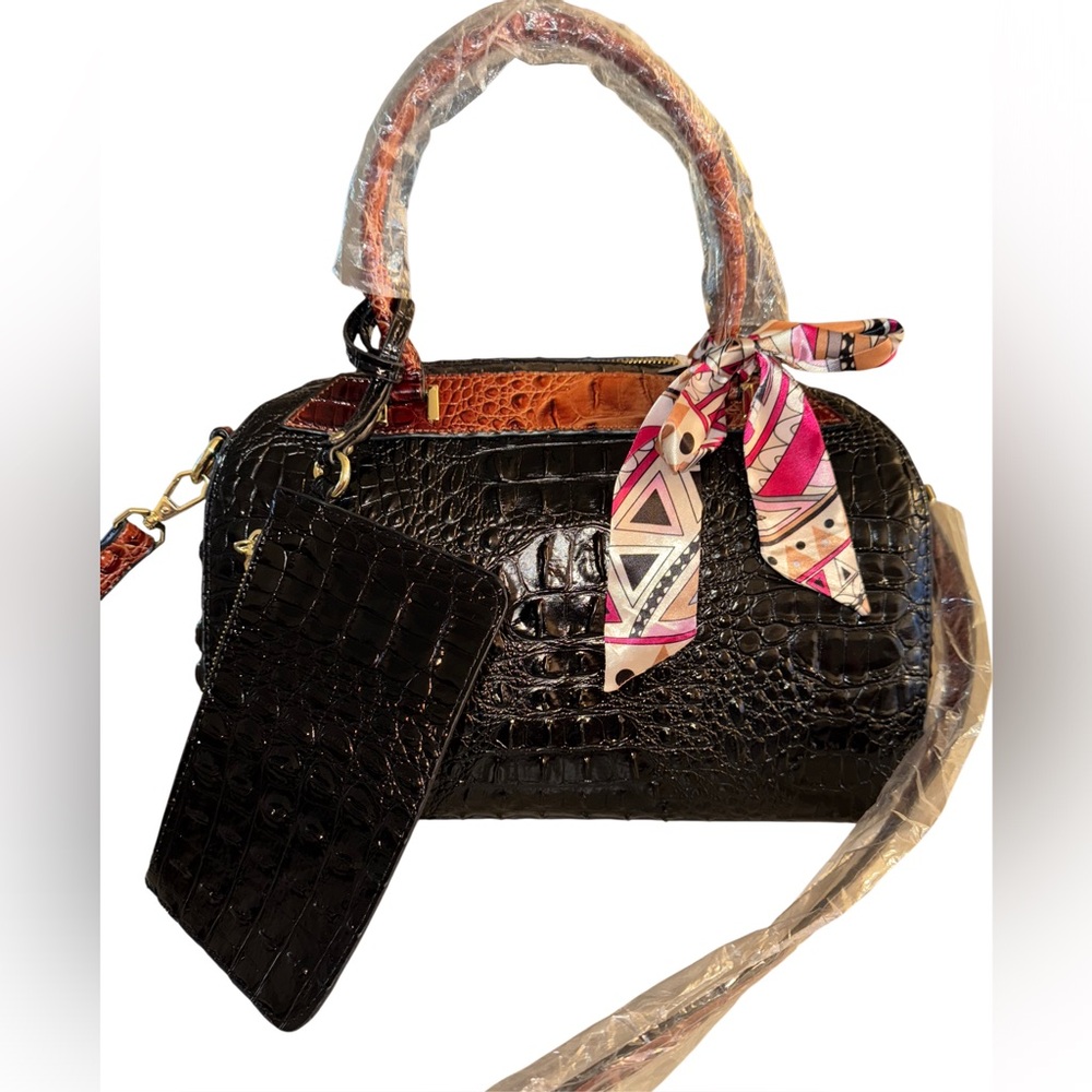 Fashion Black Crocodile Pattern Handbag with Twilly